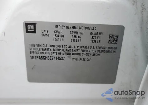 2014 Chevrolet Cruze Ls from USA, damaged, VIN 1G1PA5SH3E7414537